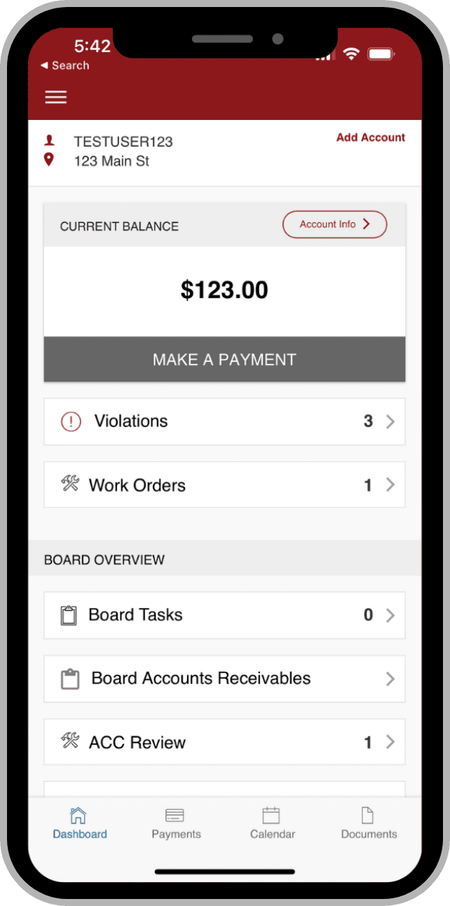 Mobile app dashboard showing account balance and violations