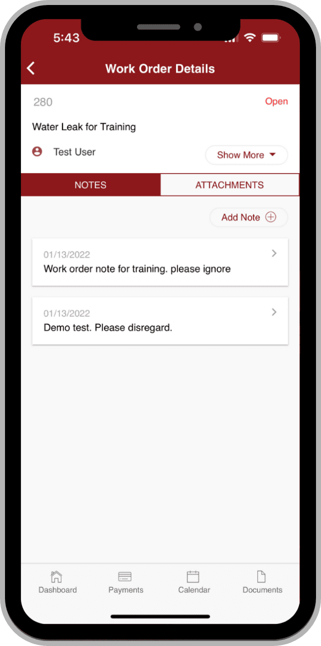 Mobile app work order details screen with notes