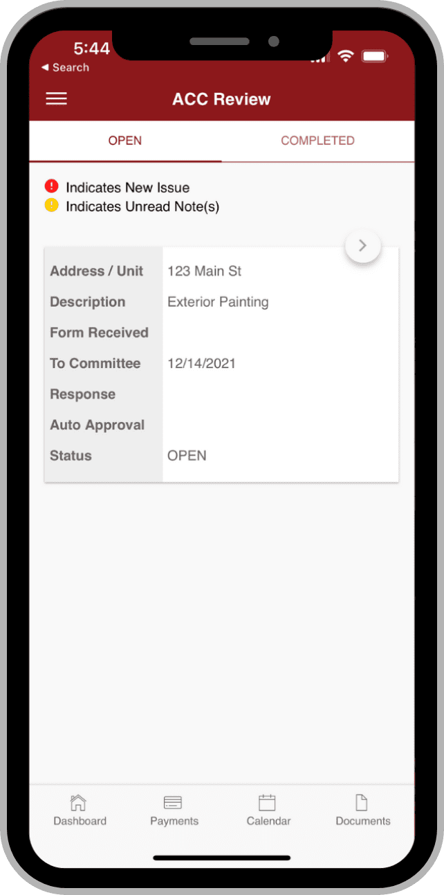 ACC Review app screen showing open request details