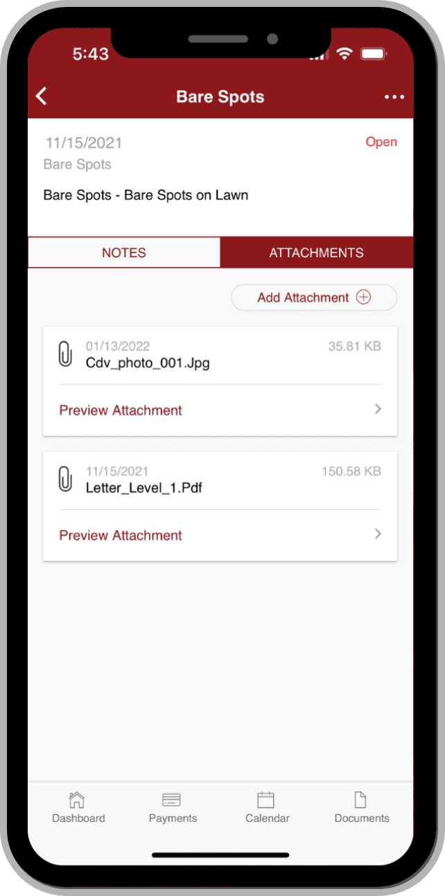 Mobile app screen showing document attachments list