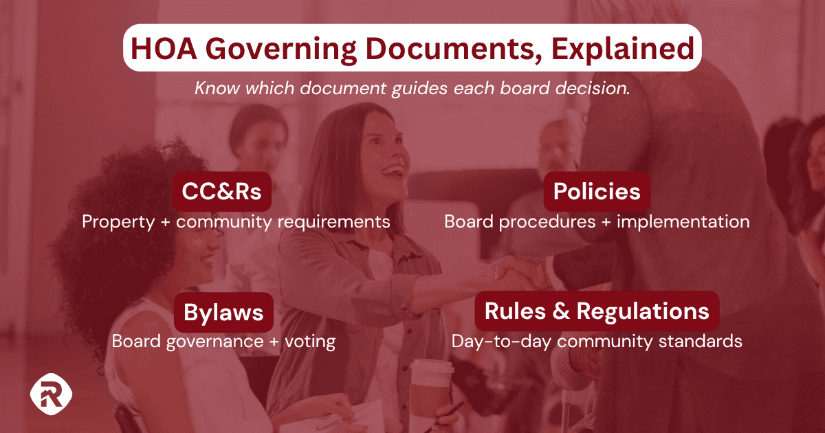 HOA governing documents explained over a community meeting photo
