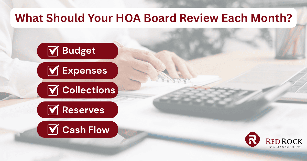 graphic outlining What Should an HOA Board Review Each Month