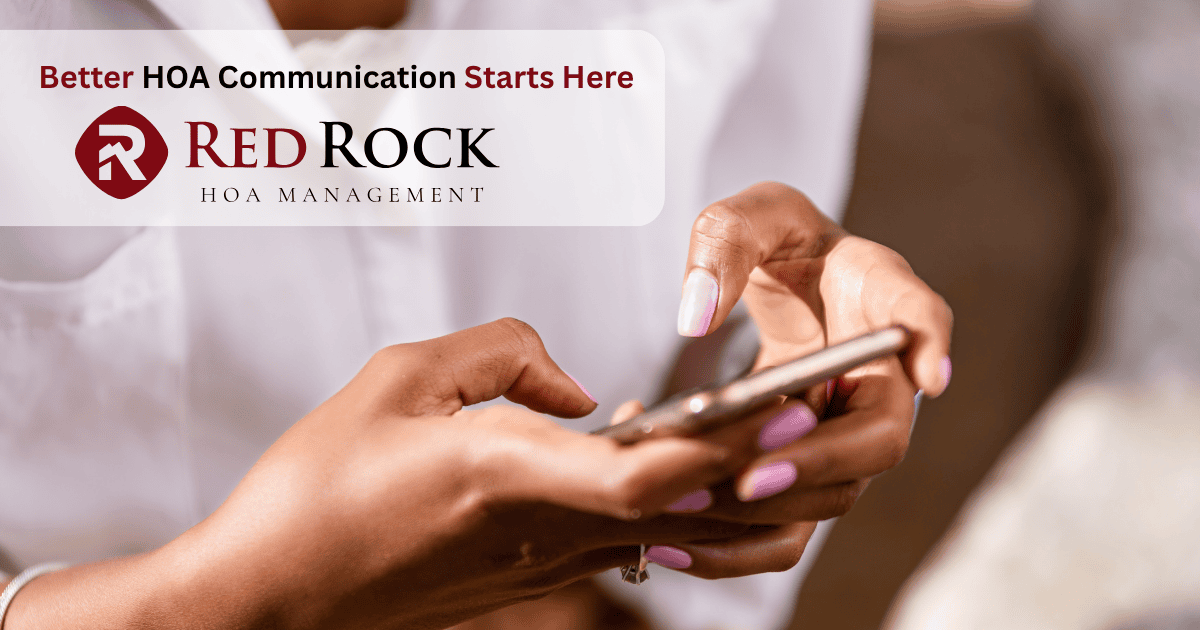 Hands using smartphone beside Red Rock HOA Management logo