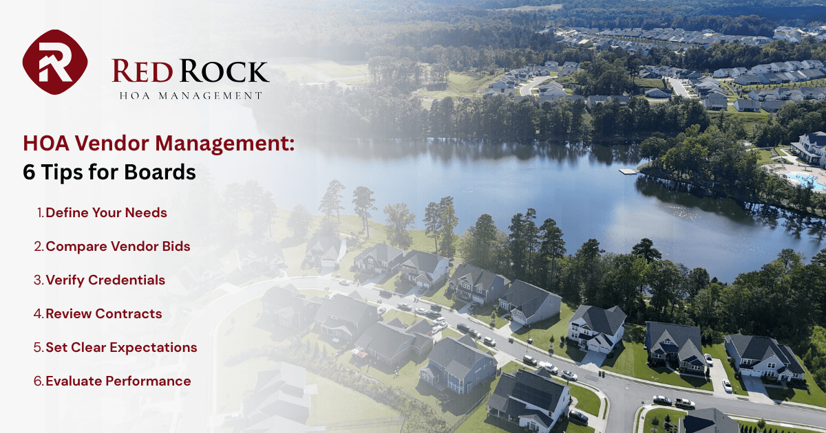 HOA vendor management tips over lakeside neighborhood aerial view